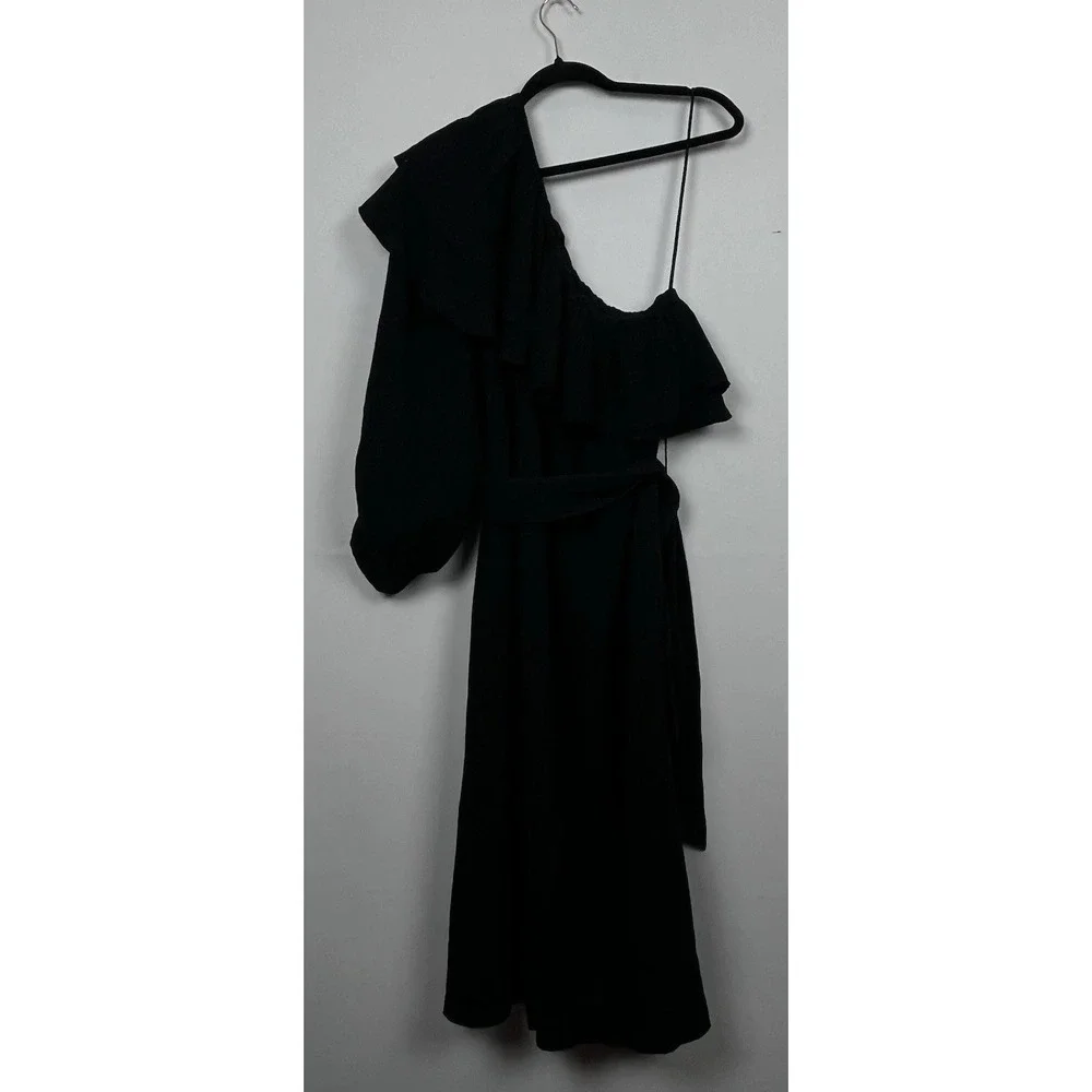 Apiece Apart Classic Black One-Shoulder Ruffle Midi Dress with Tie Waist